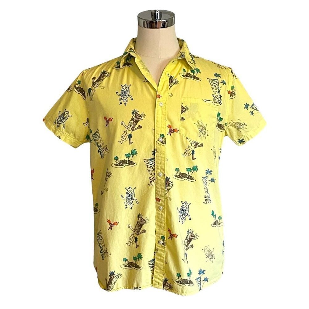 90s Vintage Mens Hang Ten Tiki Shirt Sz L Yellow Linen Cotton Hawaiian Surf Top